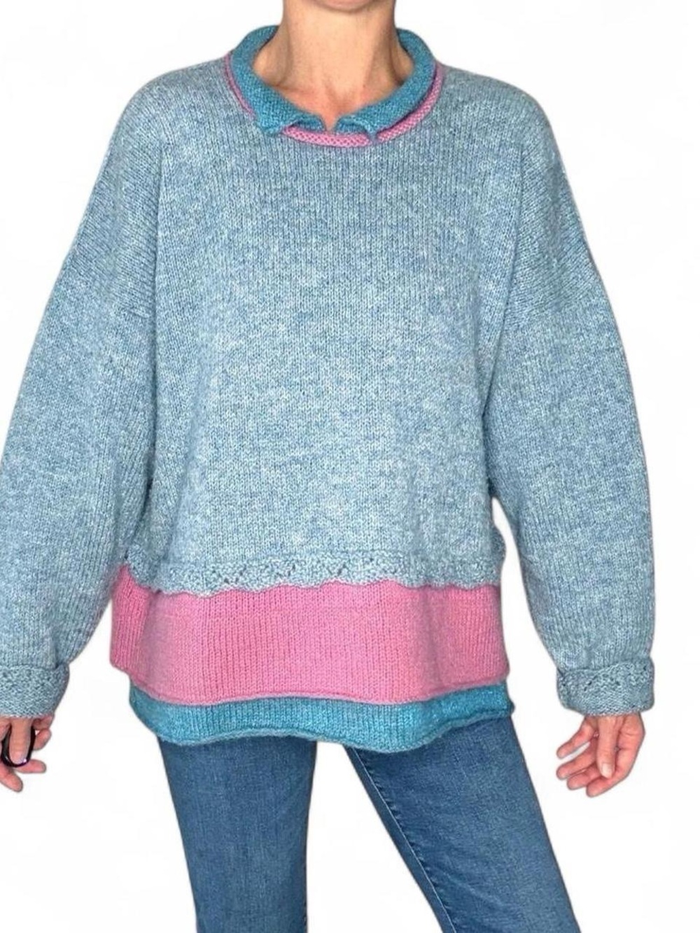 Vintage Blue & Pink Wool Collar Coquette Winter Layered Sweater